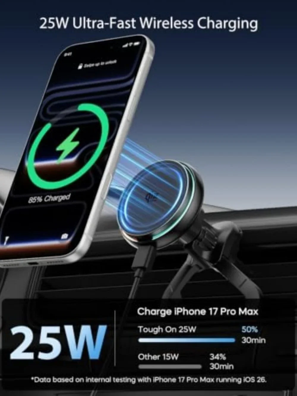 25W Wireless Car Charger for MagSafe - Fast Charging, Qi2.2 Compatible Mount